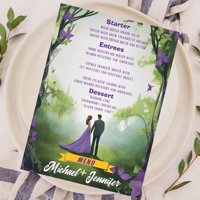 Menú Elegante Boda Floral de Personalizable Purple Fore (Subido por el creador)