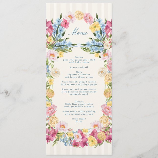 Menú Elegante boda floral de primavera azul francés (Anverso)