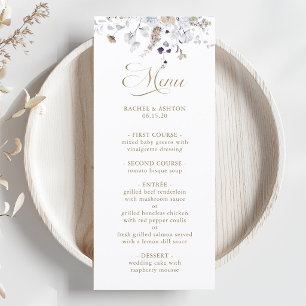 Menú Elegante Boda Floral de Púrpura y Oro Blanco