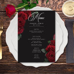 Menú Elegante Boda floral de Roses Rojos Sangre Emotiva<br><div class="desc">Abran la elegancia atemporal para su celebración de inspiración gótica con nuestra cautivadora carta de menú boda. Un suave fondo negro proporciona el lienzo perfecto para un ramo cautivador pero sobrio. Imaginen un arreglo de esquina de flores de rosa roja de sangre muda, donde ricos tonos rojos se mezclan con...</div>