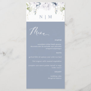 Menú Elegante boda floral en azul polvoriento y blanco