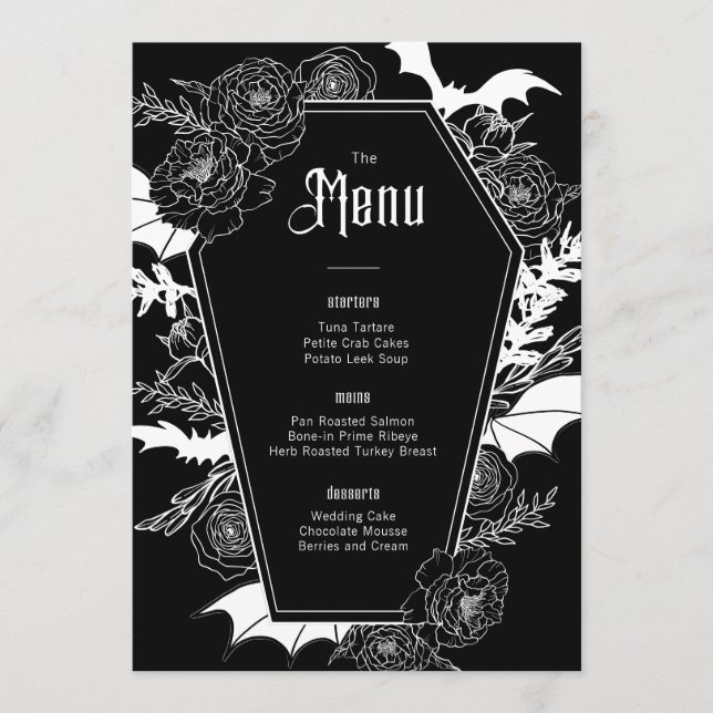 Menú Elegante Boda floral gótico negro (Anverso)