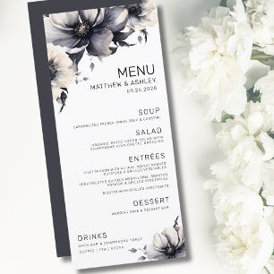 Menú Elegante Boda Floral Moderna de Blanco y Negro