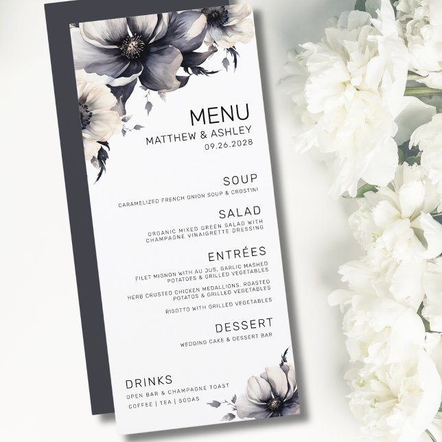 Menú Elegante Boda Floral Moderna de Blanco y Negro (Simple Elegant Modern Floral Black White Wedding Menu)