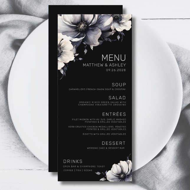 Menú Elegante boda floral moderna negra (Simple Elegant Modern Floral Black White Wedding Menu)