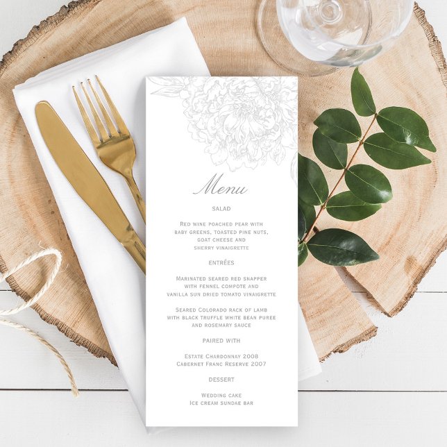Menú Elegante Boda Floral Peonía Gris Blanco (Subido por el creador)