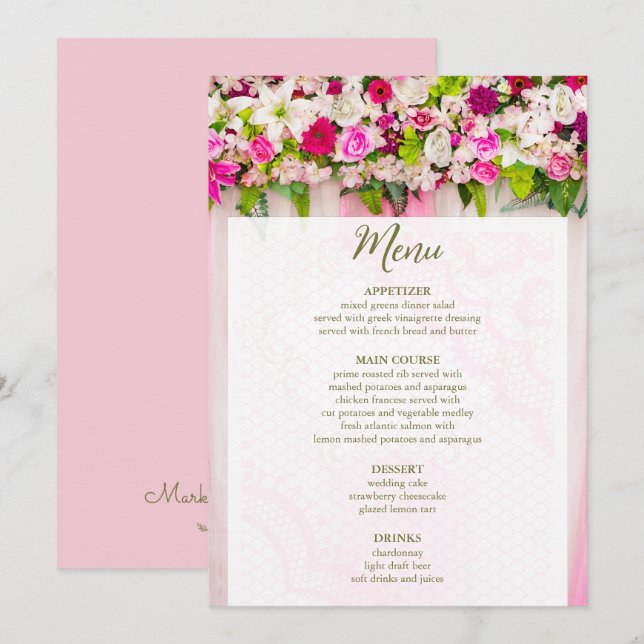 Menú Elegante Boda floral rosa brillante (Anverso / Reverso)