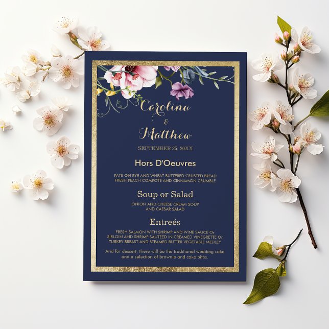 Menú Elegante Boda floral rosa dorado azul marino (Elegant navy blue gold pink floral Wedding Menu )