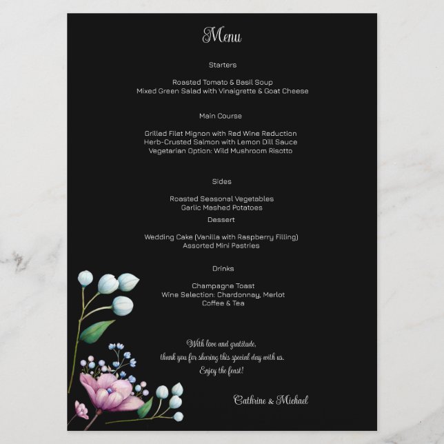 Menú Elegante Boda floral suave romance botánico (Anverso)