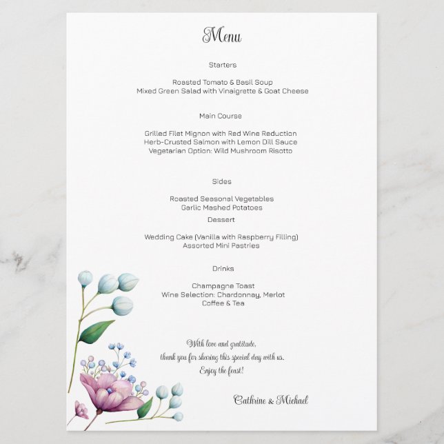 Menú Elegante Boda floral suave romance botánico (Anverso)
