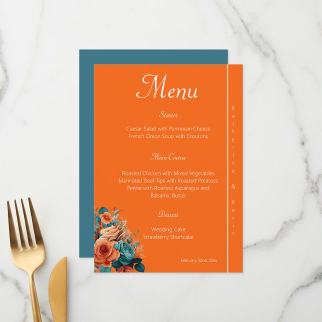 Menú Elegante Boda floral Verde azulado y Naranja (Anverso/Reverso In Situ)