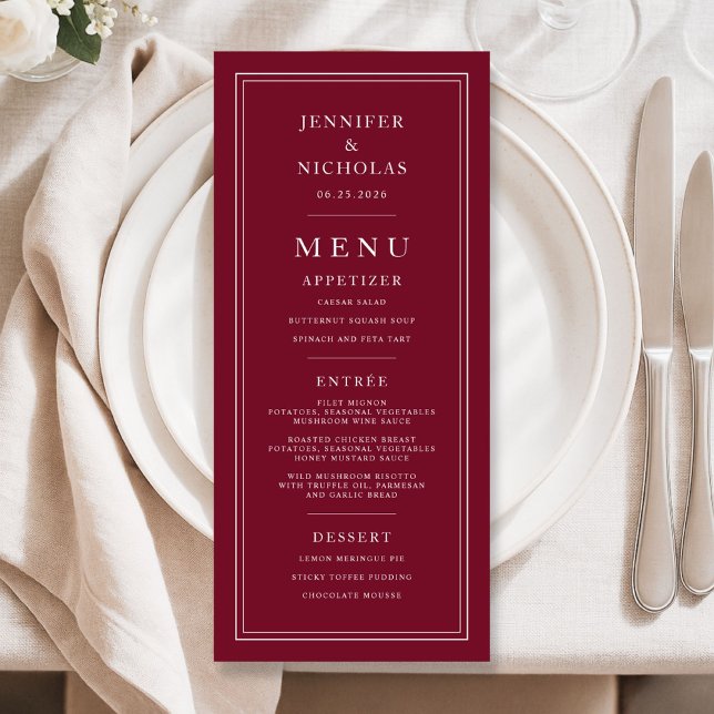 Menú Elegante Boda Formal de Borgoña (Elegant Formal Burgundy Wedding Menu)