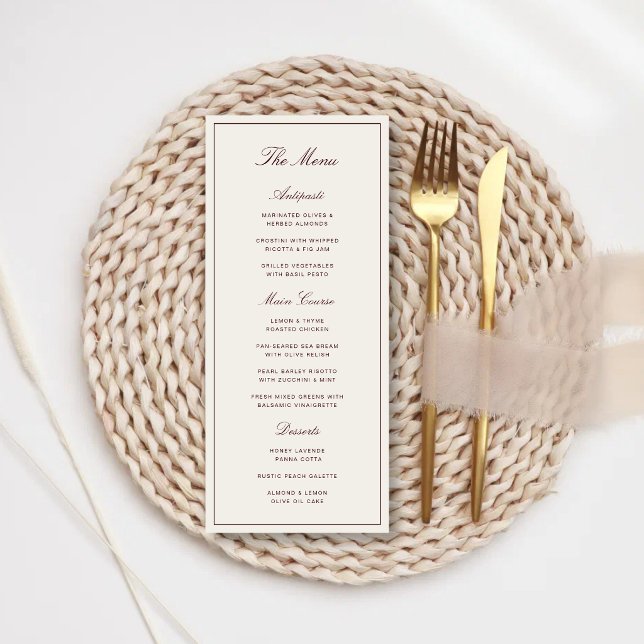 Menú Elegante Boda Formal Marfil y Borgoña (Elegant ivory and burgundy wedding menu adds refined beauty to your dining experience.)