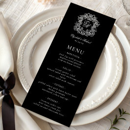 Menú Elegante Boda Formal Monograma Cresta Blanco Negro