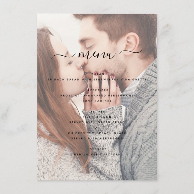 Menú Elegante Boda fotográfico transparente y tipografí (Anverso)