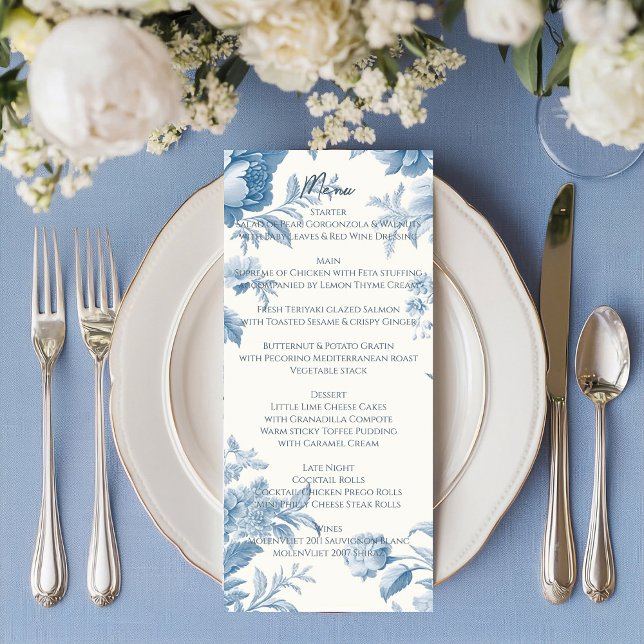 Menú Elegante Boda francés de tela azul floral (Subido por el creador)