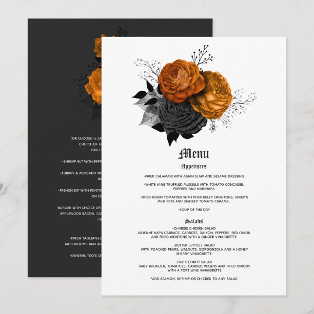 Menú Elegante Boda Gótica de Naranja y Negro (Anverso / Reverso)
