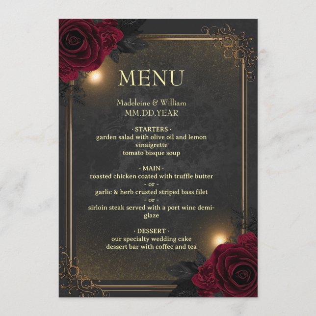 Menú Elegante Boda Gótica Glam de Lujo (Anverso)