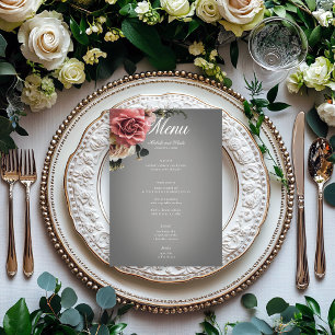 Menú Elegante Boda gris floral de rosas blancas rosadas