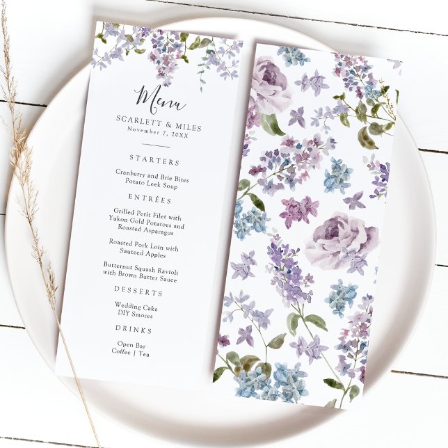 Menú Elegante Boda Lilac (Elegant Watercolor Lilac Floral Wedding Menu by Painted Paperie
)