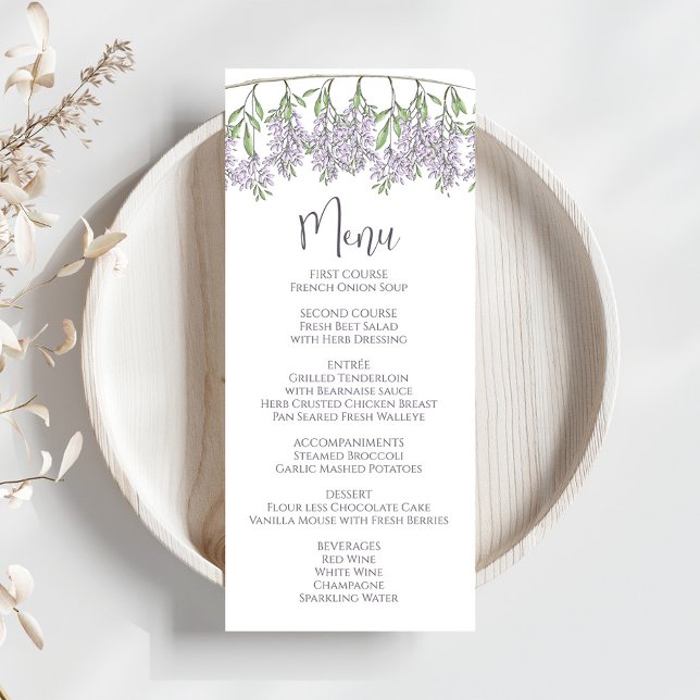 Menú Elegante Boda Lilac Floral Script (Stylish calligraphy script together with block-style lettering. )