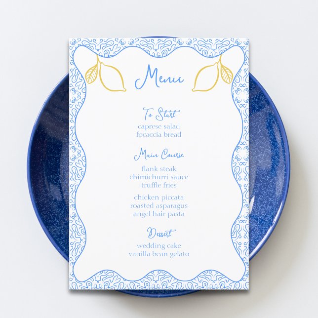Menú Elegante Boda mediterráneo con azulejos y limón az (Subido por el creador)