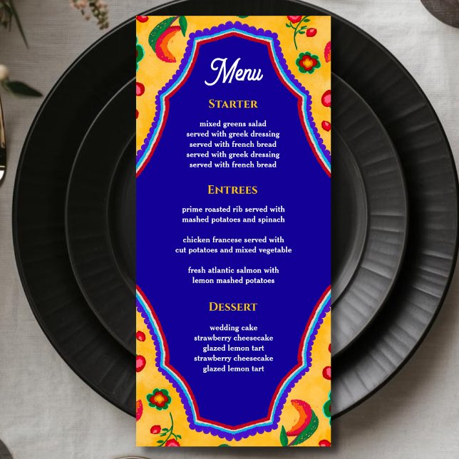 Menú Elegante boda mexicana vibrante amarillo azul (Subido por el creador)