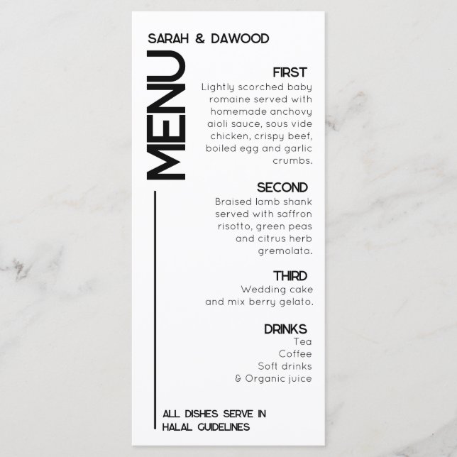 Menú Elegante Boda Minimalista musulmán blanco negro (Anverso)