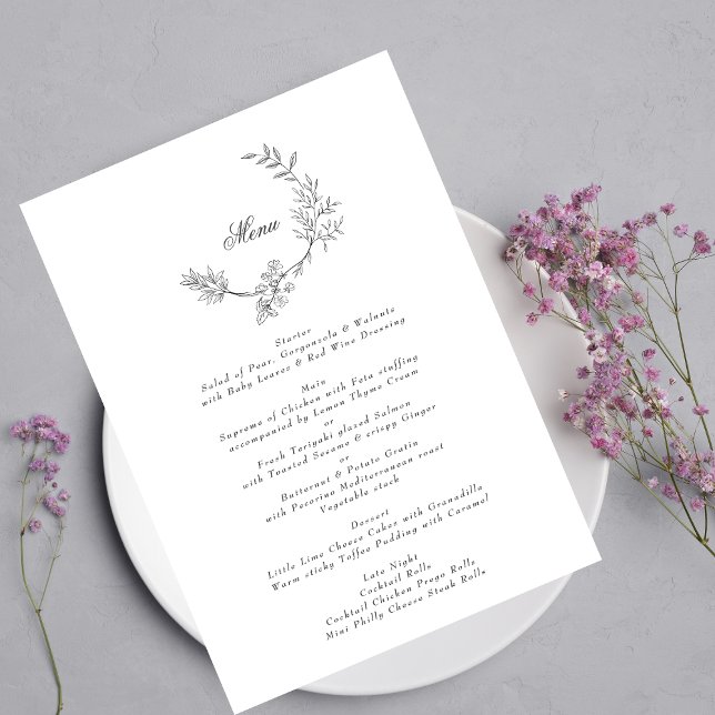 Menú Elegante Boda mínimo de monograma floral de corona (Subido por el creador)