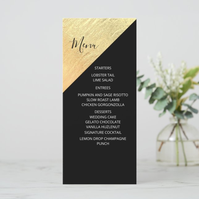 Menú Elegante Boda Moderna con Hojuela de Oro y Negro (Anverso de pie)