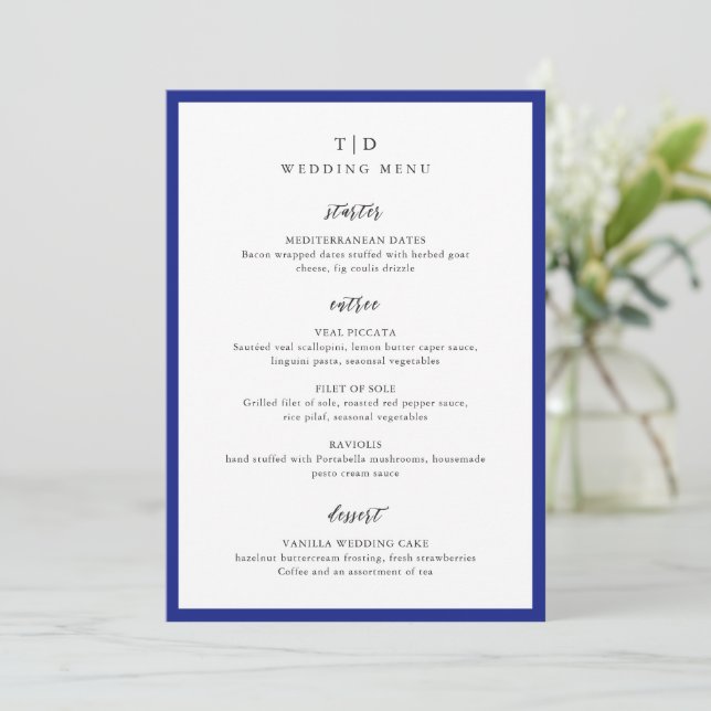 Menú Elegante Boda Moderna con Monograma Azul Real (Anverso de pie)