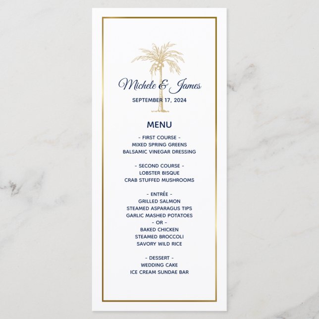 Menú Elegante Boda Moderna con Palma de Oro Blanco y Az (Anverso)