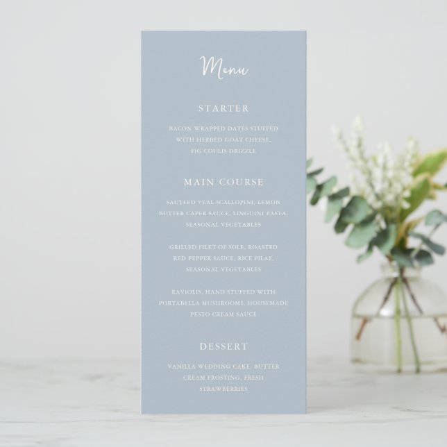 Menú Elegante boda moderna en azul polvo (Anverso de pie)