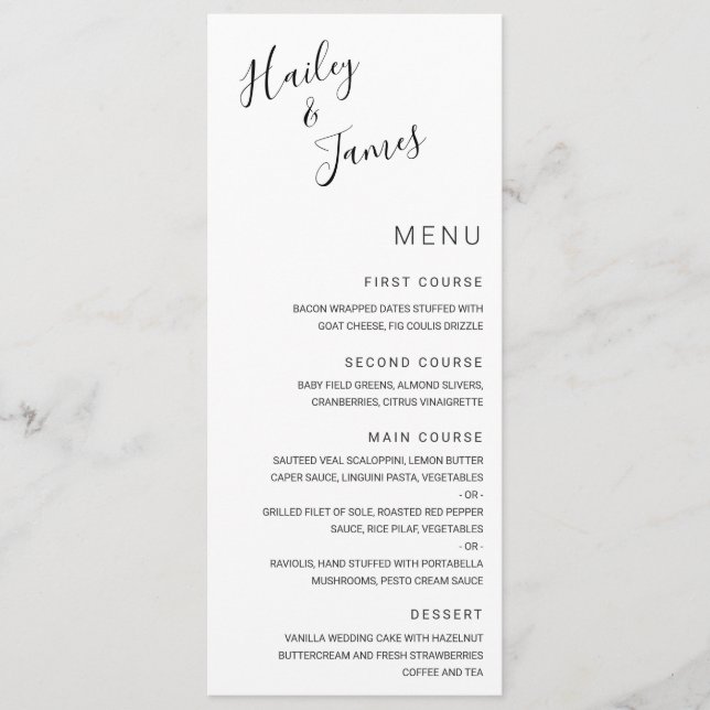 Menú Elegante Boda Moderna en Blanco y Negro (Anverso)