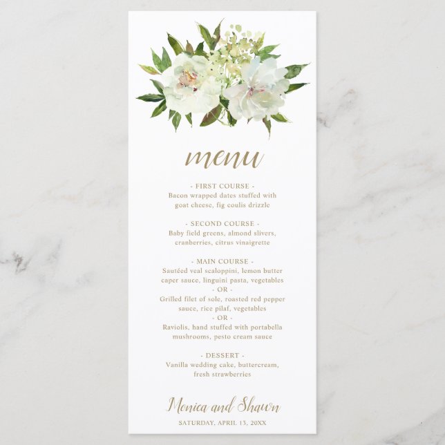 Menú Elegante Boda Moderna Floral Oro Blanco (Anverso)