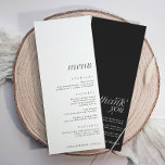 Menú Elegante Boda moderno con muchas gracias<br><div class="desc">Menú con agradecimientos en la parte posterior: Este elegante menú nupcial presenta un diseño moderno y minimalista con un frente blanco y un texto negro elegante, perfectamente alineado en la parte inferior para permitir espacio para etiquetas con nombres recortados en la parte superior. En el reverso, un mensaje de agradecimiento...</div>