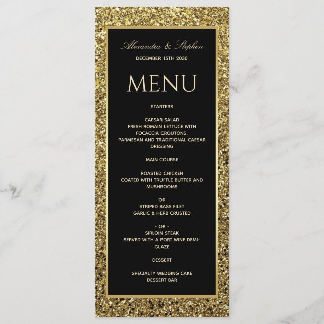Menú Elegante Boda Negra y Dorada con Brillo (Anverso)