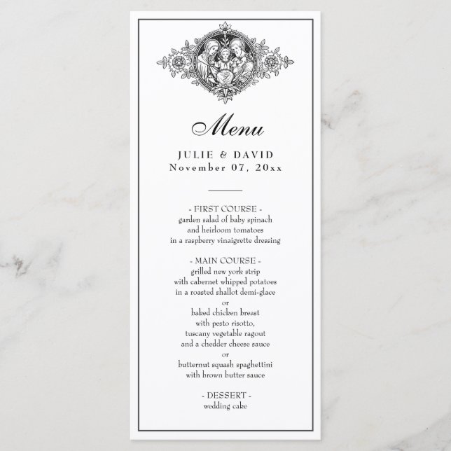 Menú Elegante Boda negro y blanco religioso (Anverso)