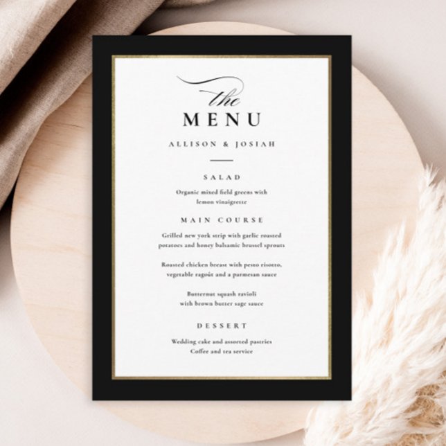 Menú Elegante Boda negro y oro (Elegant black and white with gold frame wedding menu.)