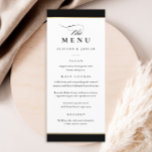 Menú Elegante Boda negro y oro<br><div class="desc">Este elegante menú negro y Boda dorado es sencillo y versátil. Presenta un diseño en blanco y negro de moda con un monograma,  detalles del guión,  un marco de oro simple y texto editable formalmente. Haga clic en el botón de edición para personalizar de este diseño.</div>