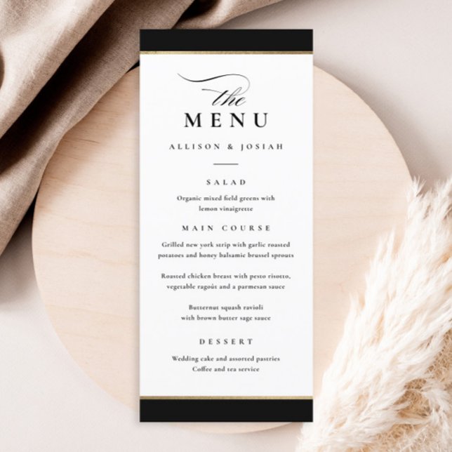 Menú Elegante Boda negro y oro (Elegant black and white with gold frame wedding menu.)