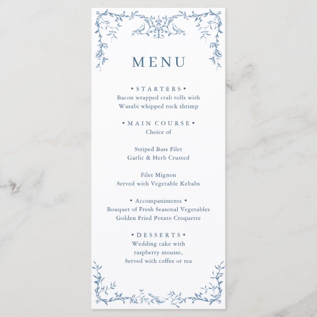 Menú Elegante Boda Ornate Dusty Blue Floral (Anverso)