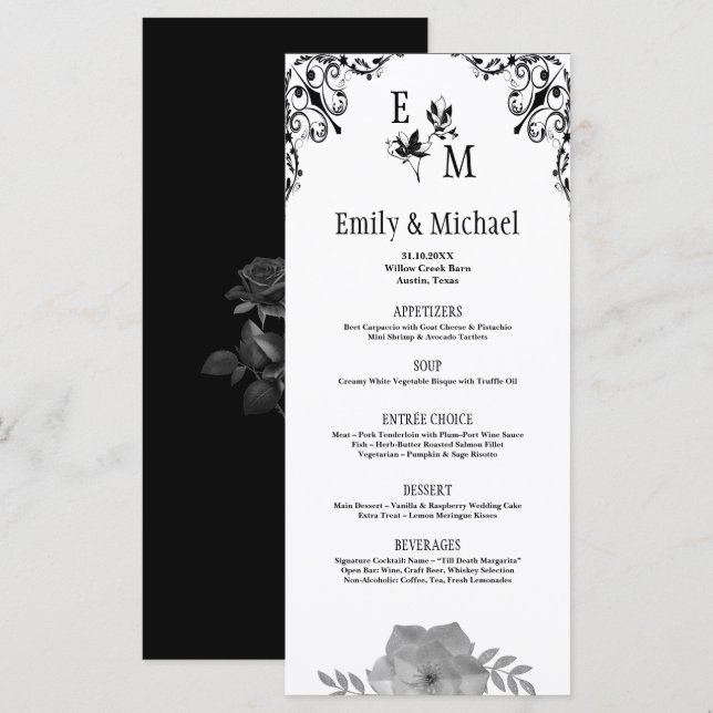 Menú Elegante Boda Ornato de Monograma Floral (Anverso / Reverso)