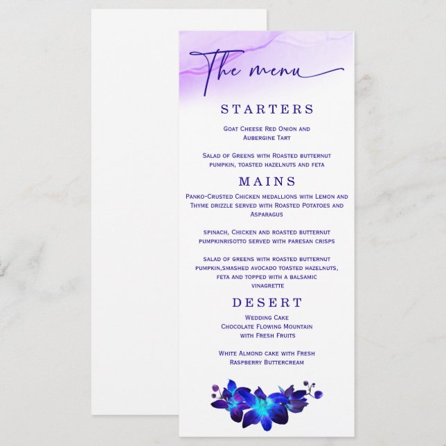 Menú Elegante Boda Orquídea Azul y Morada Boda (Anverso / Reverso)