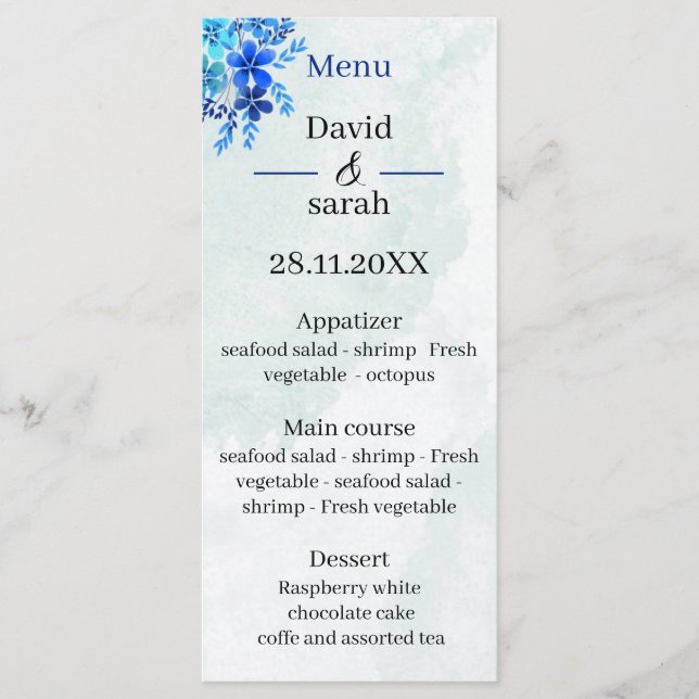 Menú Elegante boda personalizada azul (Anverso)