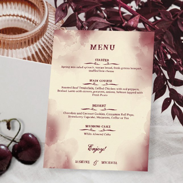 Menú Elegante Boda Retro de Marfil y Borgoña Simple (Subido por el creador)