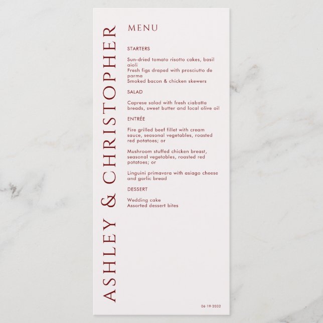 Menú Elegante Boda Rojo Crimson Moderno (Anverso)