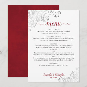 Menú Elegante Boda rojo y blanco de encaje plateado