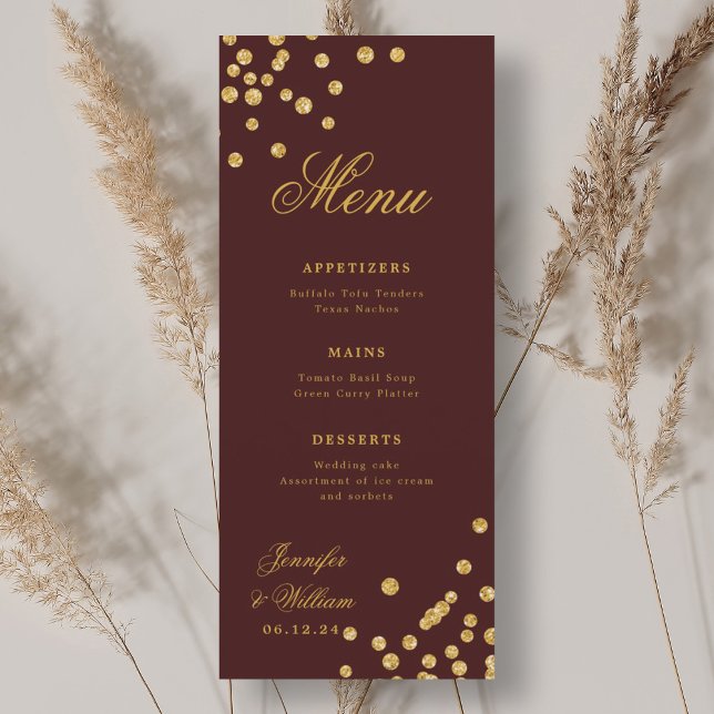 Menú Elegante Boda romántico Confetti Gold Burgundy (Elegant Romantic Wedding Confetti Gold Burgundy Menu)