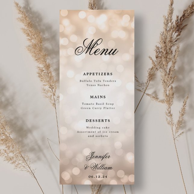 Menú Elegante Boda  Rosa Luces de Oro Bokeh (Elegant Script Wedding Rose Gold Bokeh Lights Menu)